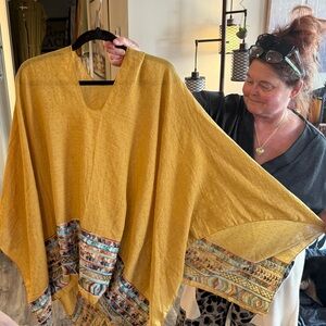 Three Bird Nest- The Fallon Boho Yellow Poncho Top with Patterned Sleeves